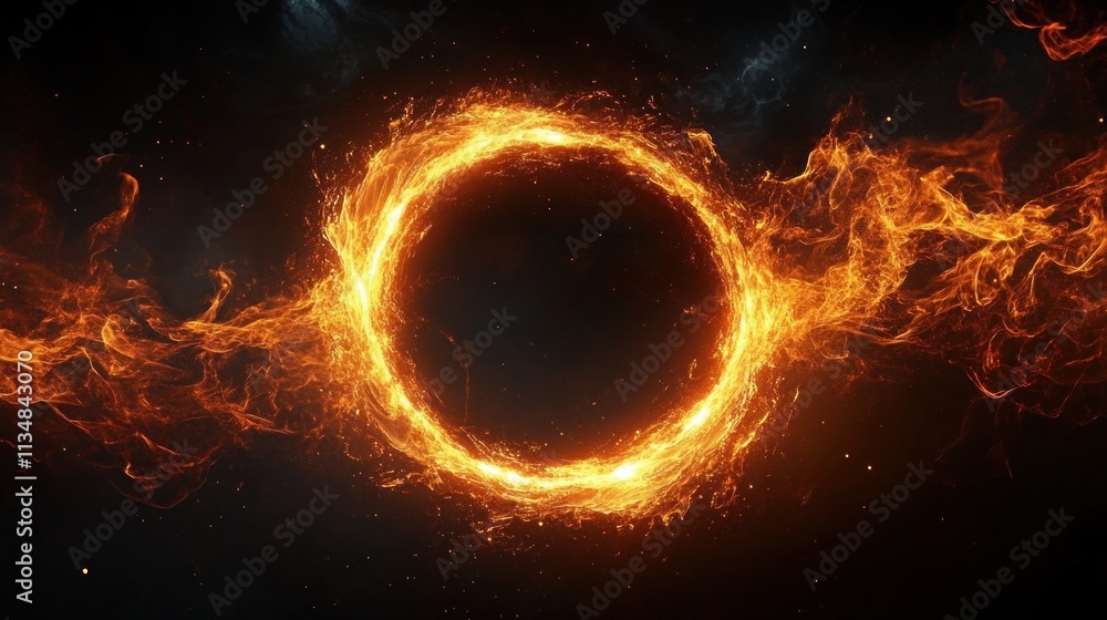 Poster abstract digital art of fiery circle flames with dynamic movement on dark background