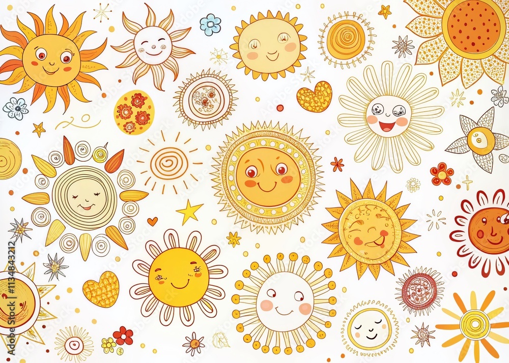 Poster collection of doodle sun illustrations on white background with ample copy space for creative projec
