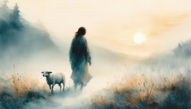 Watercolor painting of Jesus Christ walking with a lamb in a serene meadow landscape