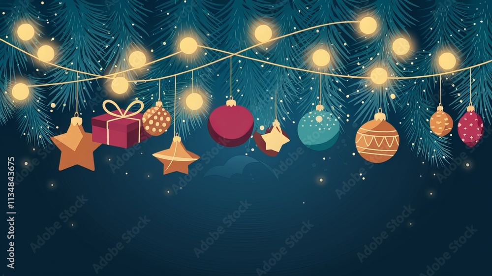 Fototapete christmas lights on a string with a christmas tree and a blue background using ai generated