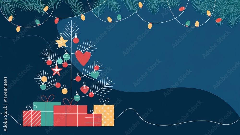 Fototapete christmas lights on a string with a christmas tree and a blue background using ai generated