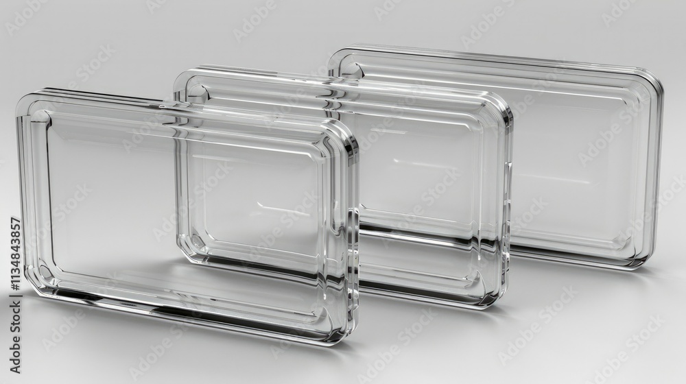 Poster three transparent rectangular containers arranged in a row, showcasing their clear design.