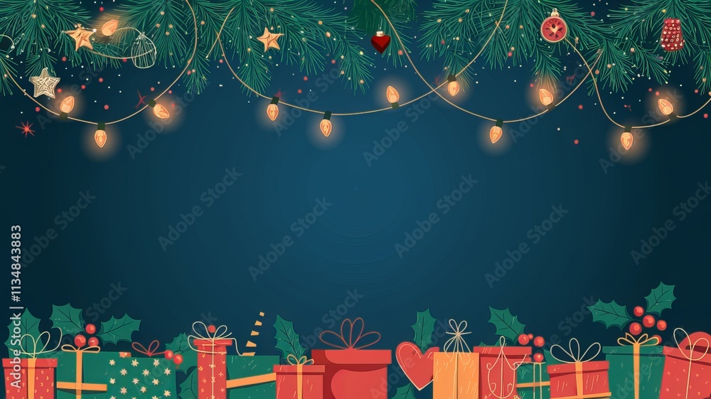Fototapete christmas lights on a string with a christmas tree and a blue background using ai generated