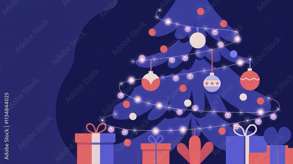 Poster christmas lights on a string with a christmas tree and a blue background using ai generated