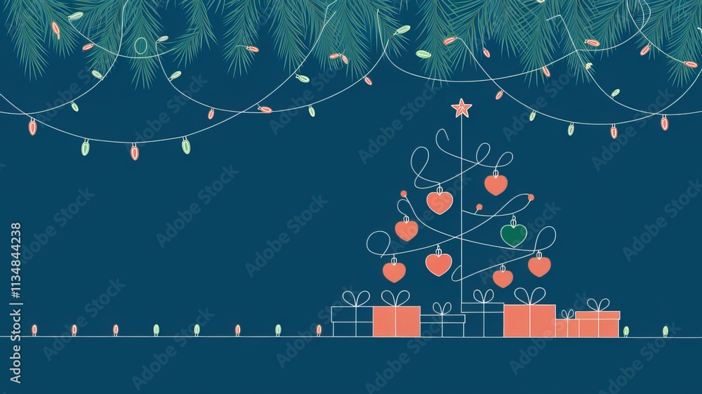 Fototapete christmas lights on a string with a christmas tree and a blue background using ai generated