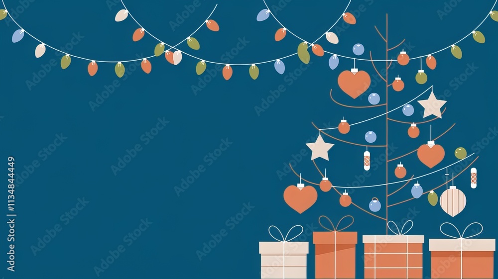Fototapete christmas lights on a string with a christmas tree and a blue background using ai generated
