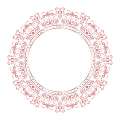 Decorative damask round frame, Elegant element for design in Eastern style, Classic place for text, Luxury Floral rose gold border, Lace illustration for invitations and greeting cards