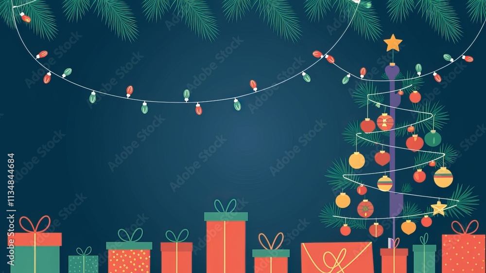 Fototapete christmas lights on a string with a christmas tree and a blue background using ai generated