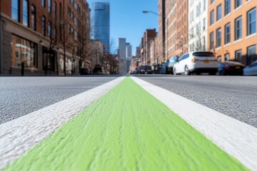 Green bike path stretching down center of urban street with blurred cars, promoting cycling infrastructure and sustainable transportation