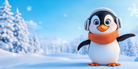 3D Render of a Cute Penguin Wearing a Scarf and Earmuffs