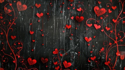 a black and red background with hearts and vines