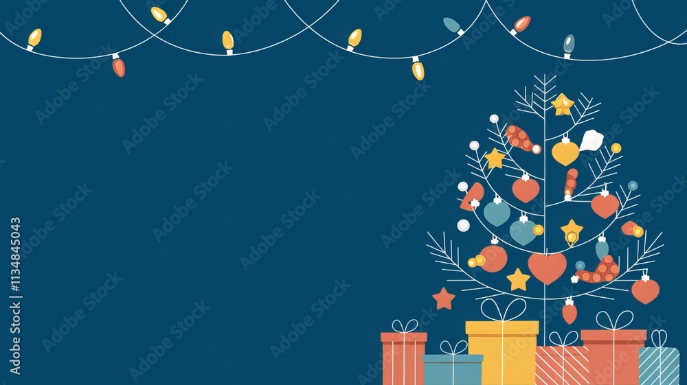 Fototapete christmas lights on a string with a christmas tree and a blue background using ai generated