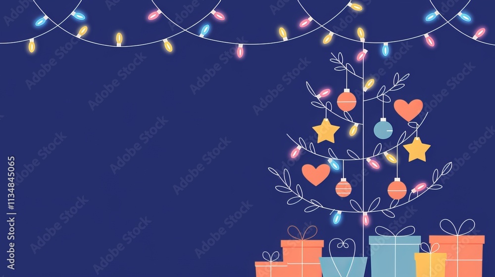 Fototapete christmas lights on a string with a christmas tree and a blue background using ai generated