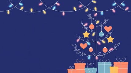 christmas lights on a string with a christmas tree and a blue background using ai generated