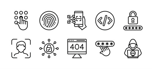 Secret code access thin line icon set. Containing fingerprint, scan barcode or QR scanner, pattern, coding, cyber security pin technology, password, face lock or ID, padlock, error, and hacker vector