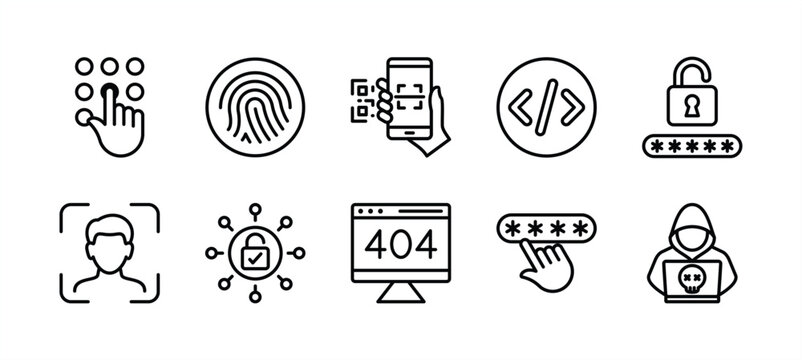 Secret code access thin line icon set. Containing fingerprint, scan barcode or QR scanner, pattern, coding, cyber security pin technology, password, face lock or ID, padlock, error, and hacker vector