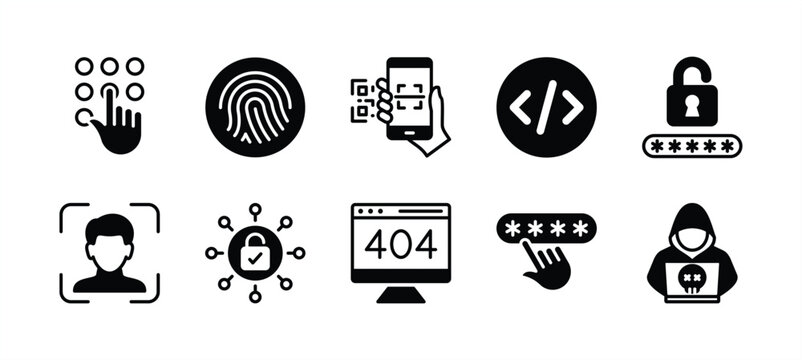 Secret code access icon vector set. Containing fingerprint, scan barcode or QR scanner, pattern, coding, cyber security pin technology, password, face lock or ID, padlock, error or 404, hacker