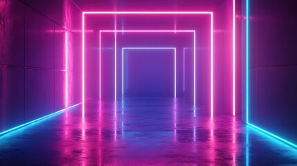 Neon lights corridor, pink blue glow.