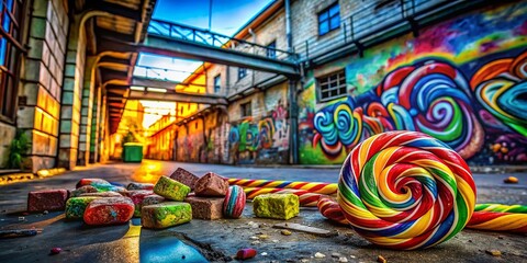Fototapeta premium Colorful Curved Licorice in Urban Exploration Setting with Vibrant Backdrops and Textures Highlighting Sweetness and Playfulness Amidst Gritty City Elements