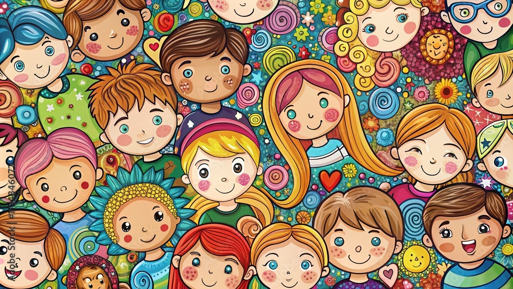 Poster colorful faces frame with childish doodles: a playful collection of expressive features and fun patt