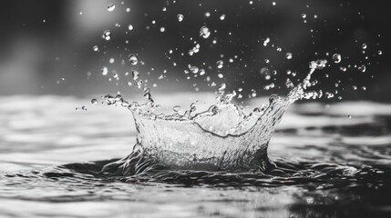 Stunning Black and White Water Splash Photography: A Captivating Image of a Water Droplet Impacting a Still Surface, Creating a Breathtaking Crown Splash with Tiny Droplets Flying into the Air