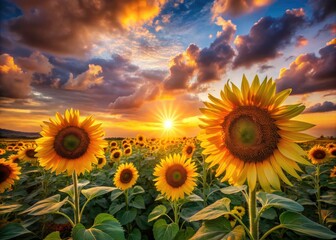 Fototapeta premium Vibrant Sunflowers Sunset Landscape Photography - Colorful Sky, Tall Sunflowers, Summer Field