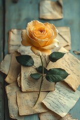 Vintage Love Letters with Yellow Rose Flower Petals Stem and Leaves Retro Antique Aged Paper Envelope Nostalgic Romance