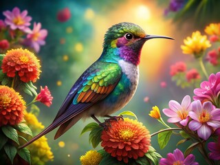 Fototapeta premium Colorful Hummingbird Perched on Vibrant Blossoms: A Captivating Illustration of Nature’s Beauty in a Lush Garden Setting with Rich Colors and Intricate Details