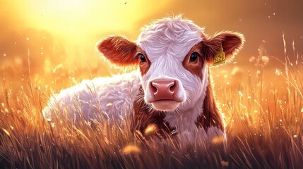 Adorable Calf in Golden Sunset Meadow: A Serene Rural Scene
