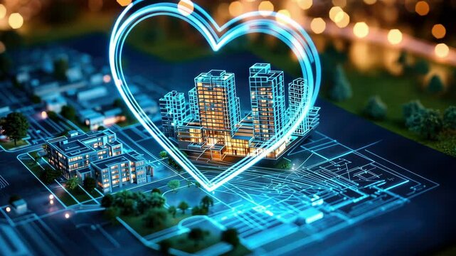 Futuristic city models highlighted in heart-shaped neon glow at night. Happy Valentine's Day. 14 february.