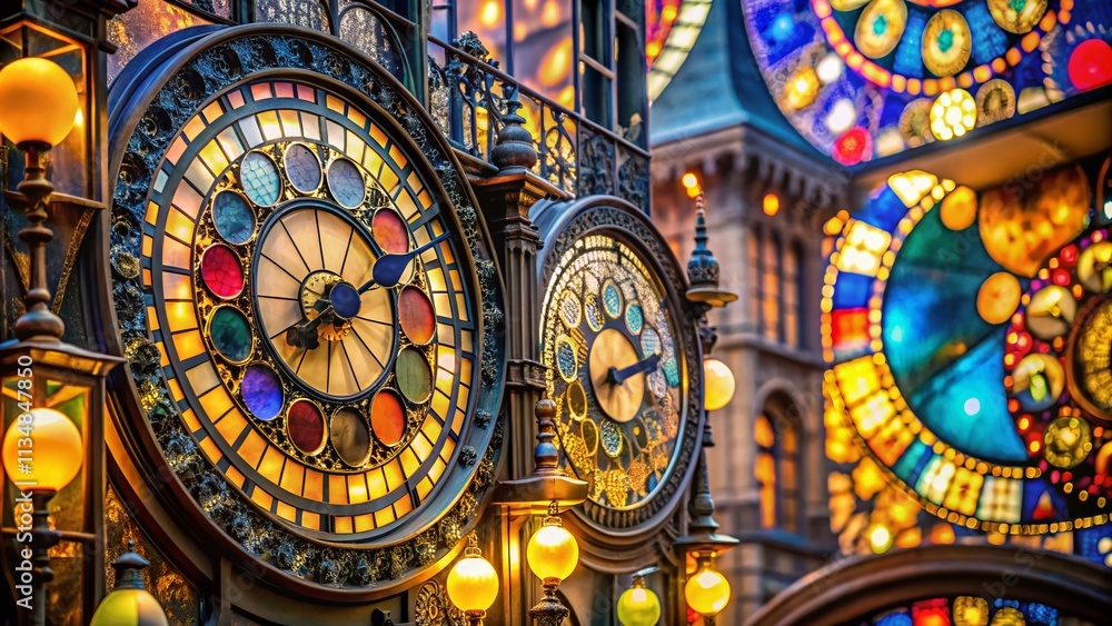 Aufkleber colorful overlapping clock faces representing time in various styles, set against a soft light bokeh