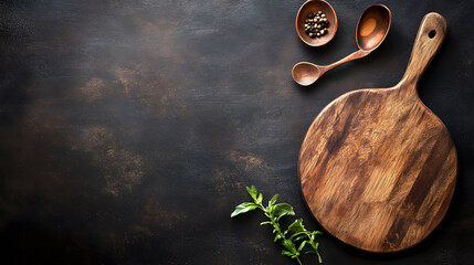 An abstract food background featuring a dark rustic kitchen table, a wooden cutting board, and cooking utensils, designed for creative use.