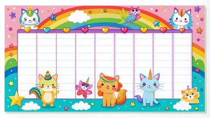 Obraz premium Colorful Weekly Planner Template Featuring Adorable Caticorn Fantasy Animals in Vibrant Rainbow Colors for School Organization and Fun Study Planning