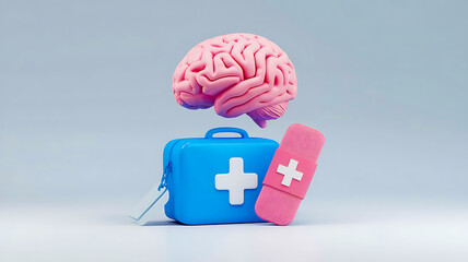 Modern health and wellness concept featuring a human brain, medical first aid box, and large pink plaster, symbolizing mental healthcare and treatment