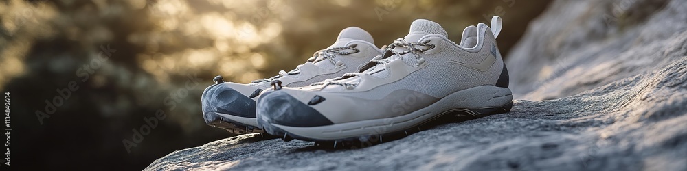 Poster clean and minimalistic shot of climbing shoes on rock surface with ample copy space around them