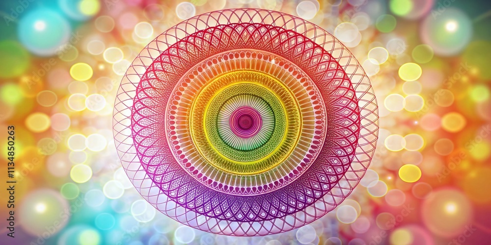 Poster concentric spirograph design with bokeh effect: intricate harmonic wireframe ornament on a white bac
