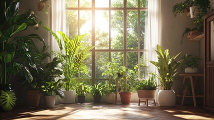Sunlit Indoor Garden: Lush Greenery Basking in Golden Sunlight Through a Large Window