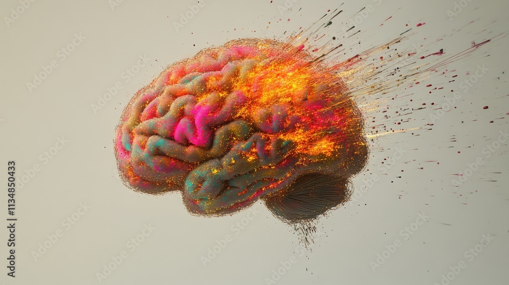 Poster a vibrant artistic depiction of a human brain, glowing and bursting with streams of colorful light a