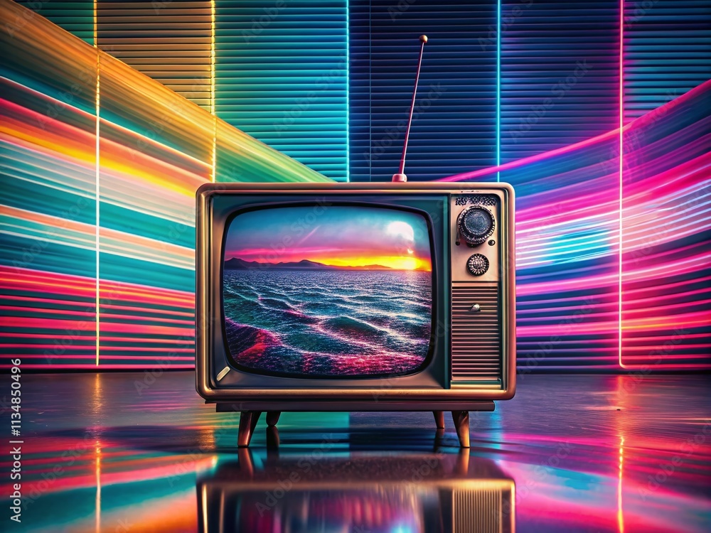 Poster conceptual glitch aesthetic of vhs and crt tv with no signal visuals, featuring distorted graphic te