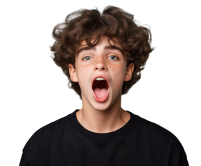 Young boy expresses excitement with wide-open mouth and curly hair, showcasing energy and enthusiasm in a bright setting