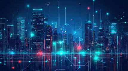 Fototapeta premium Futuristic city skyline with glowing technology and digital elements