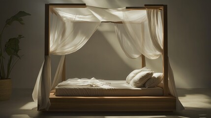 Elegant canopy bed draped in soft fabric for serene relaxation.