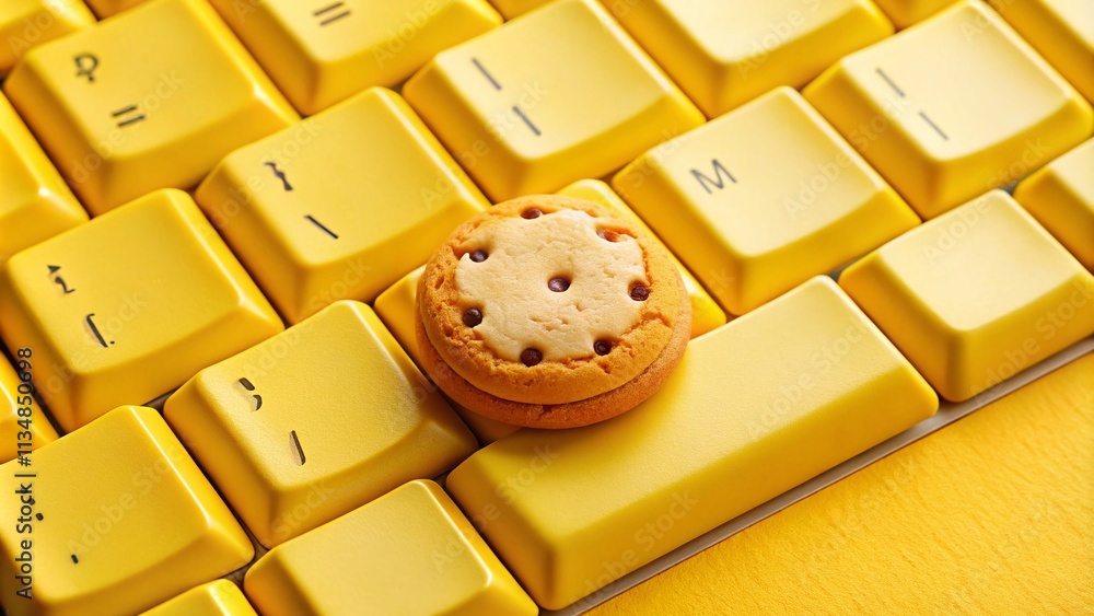 Poster Conceptual Keyboard with Yellow Cookie Key Illustrating Technology and Sweetness, Merging Digital Life and Culinary Delights for a Unique Visual Experience