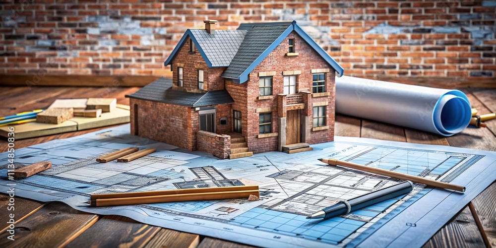 Poster conceptual model house on blueprint drawing - urban exploration photography capturing architectural 