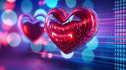 Vibrant digital hearts with neon lights and binary code in futuristic setting. Happy Valentine's Day. 14 february. - Powered by Adobe