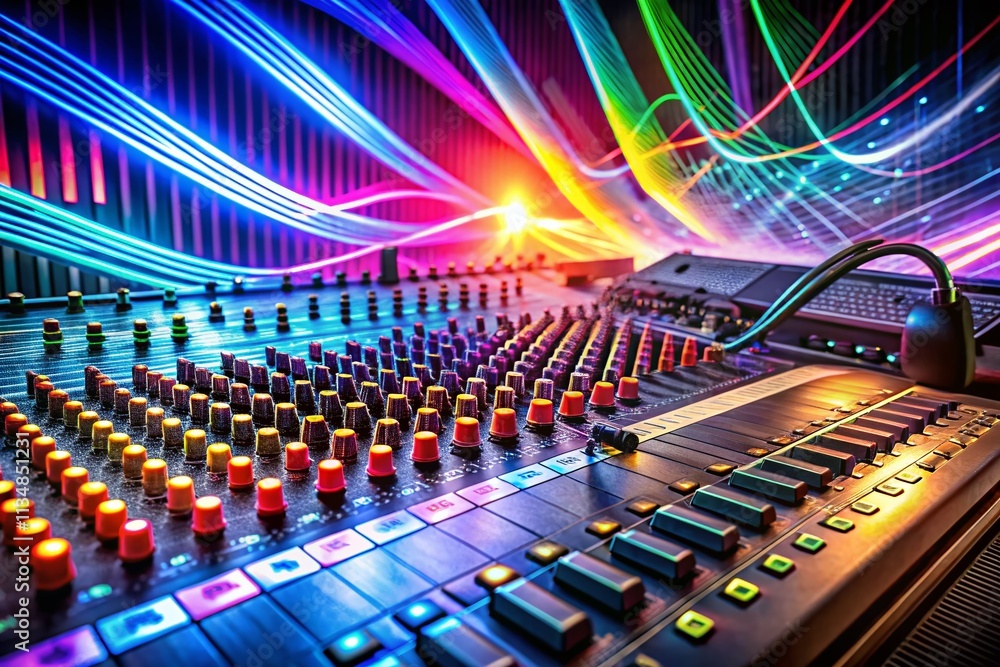 Poster conceptual photography of an audio mixer with sliders and dynamic sound waves representing music pro