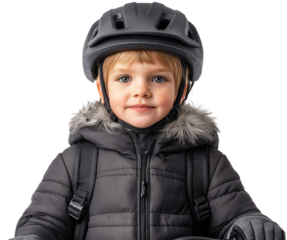 Child wearing a black helmet and jacket, ready for outdoor cycling activity in cold weather