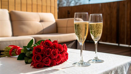 Sparkling champagne flutes and vibrant red roses adorn a festive wedding table, perfect for a romantic celebration4