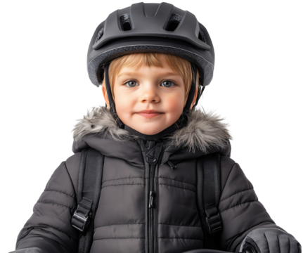 Child wearing a black helmet and jacket, ready for outdoor cycling activity in cold weather