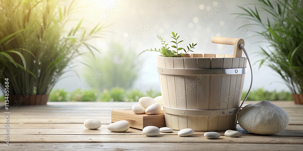 Poster conceptual photography of a white 3d rendered wooden bucket in a minimalist setting with soft lighti